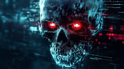 Poster - Glowing skull with red eyes, digital code background.