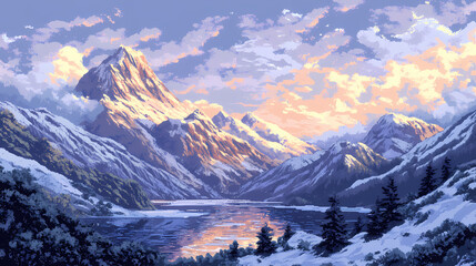 Poster - A snowy mountain range with a lake surrounded by snow covered mountains in the foreground and a cloudy sky in the background, with a few clouds in the foreground. generative ai. Sunweave. Illustration