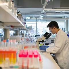 Aufkleber - Laboratory setting with a scientist using a microscope and performing experiments in modern research facility. Generative AI