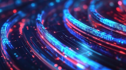 Abstract representation of data transfer with luminous cables against a dark background.