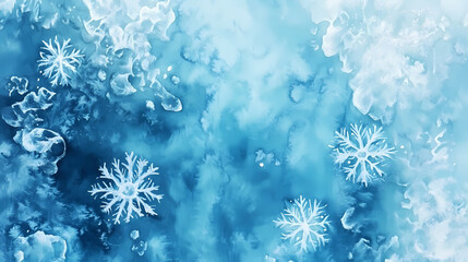 Wall Mural - Abstract snowflakes and snow on watercolor background, pastel blue color palette. Sunweave. Illustration