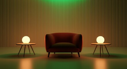 Red couch is sitting in front of a table with two lamps