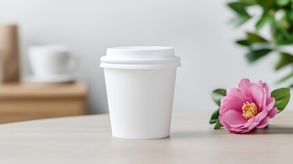 Sticker - White Coffee Cup with Pink Flower on Table