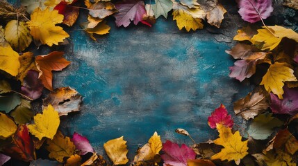 Aufkleber - Autumn leaves frame on dark blue textured background.