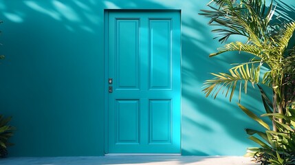 Wall Mural - A back door with a high-gloss lacquer finish in bright turquoise 