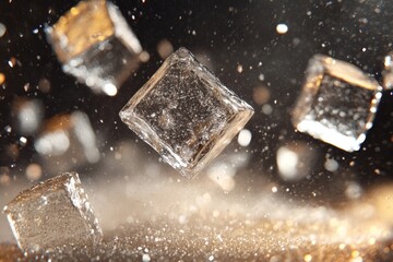 A group of ice cubes flying through the air. The cubes are scattered in different directions, creating a sense of motion and energy. The scene evokes a feeling of excitement and playfulness