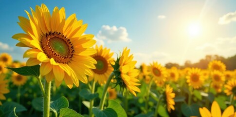 Wall Mural - Vibrant sunflowers in a summer field, bright sun , image, landscape, design