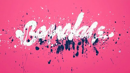 Wall Mural - Abstract pink background with white and black paint splatters forming the word 