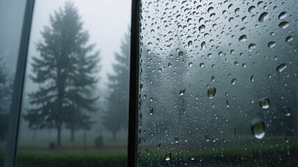 Wall Mural - closeup view capturing the intricate condensation of fog on a window glass surface, showcasing the d