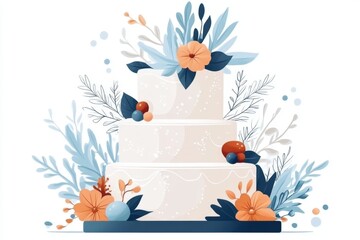 Aufkleber - A flat 2D illustration of a simple two-tier wedding cake with pastel decorations, drawn with clean lines on a white background