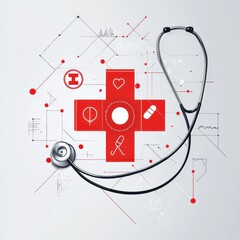 Aufkleber - Medical symbol design featuring a red cross and stethoscope along with abstract healthcare elements. Generative AI