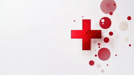 Fototapete - Prominent red cross abstraction with circles in a minimalist style on a light background. Generative AI