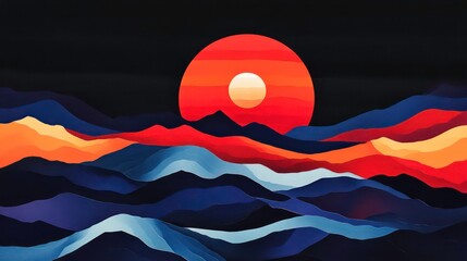 Aufkleber - Stylized sunset over layered, colorful mountains.