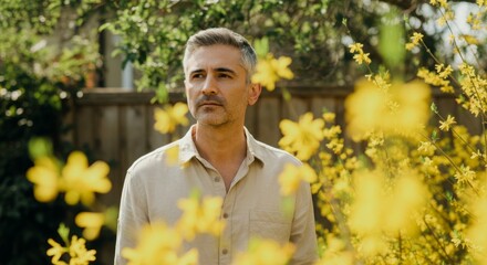 Wall Mural - Man is standing in a field of yellow flowers