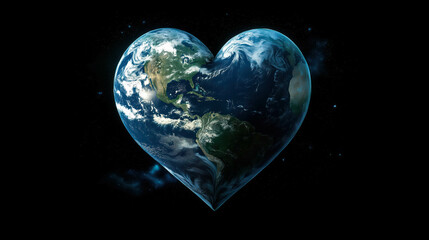 heart-shaped planet earth against a starry black background symbolizing love, care, and unity for th