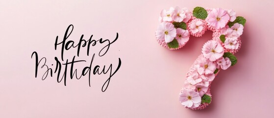 Happy 7th Birthday Floral Cake Number Seven Pink Background Stock Photo
