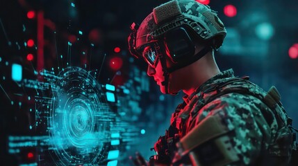 Fototapete - Soldier reviewing tactical data on holographic display.