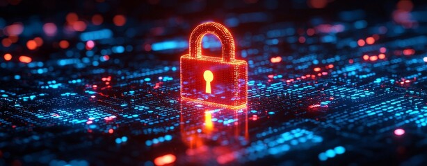 A digital security concept illustrated with a glowing lock symbol and binary code inside a cyber tunnel, symbolizing data protection and cybersecurity