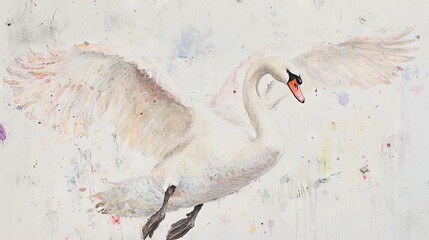 Wall Mural -  A white swan with spread wings, head turned sideways, and open beak