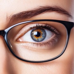 Poster - Close up view of a human eye with glasses showcasing detailed iris patterns and reflection in bright lighting. Generative AI