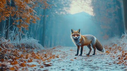 Poster -   A red fox stands in a forest path surrounded by fallen leaves