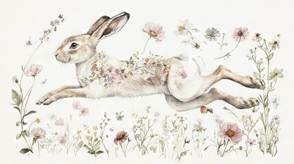 Poster -   Watercolor depiction of a rabbit amidst wildflowers and daisies against white backdrop