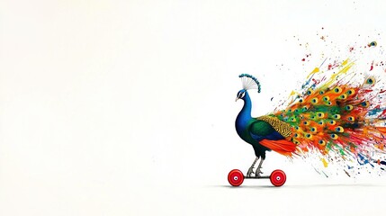 Wall Mural - a peacock on a skateboard with paint splatters emanating from its plumage