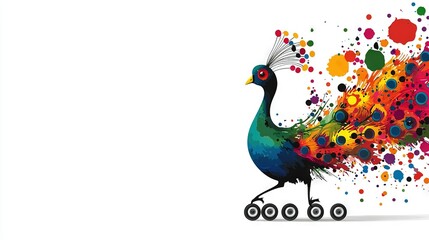 Wall Mural - colorful bird on wheels with tail of feathers & dotted background