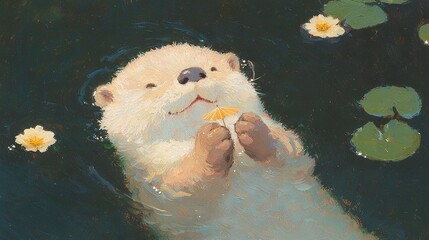 Wall Mural -  A sea otter holds a fish with water lilies surrounding it in a pond