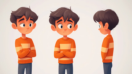Wall Mural - Sad stressed disappointed cartoon character young man male boy person wearing orange stripped shirt and sweater in 3d style design on light background. Frostthorn. Illustration