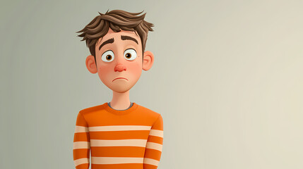 Wall Mural - Sad stressed disappointed cartoon character young man male boy person wearing orange stripped shirt and sweater in 3d style design on light background. Frostthorn. Illustration