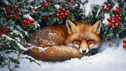 Poster -   A painting of a red fox curled up in snow with holly and berries on branches in the background