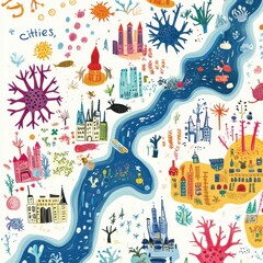 Poster - Colorful playful map depicting bacteria colonies as vibrant cities along a winding river with imaginative features. Generative AI