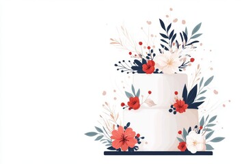 Aufkleber - A flat 2D illustration of a simple two-tier wedding cake with pastel decorations, drawn with clean lines on a white background