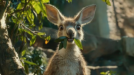 Poster -   A close-up photo of a kangaroo chewing on a leaf and standing near a tree