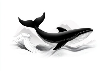 Leinwandbilder - A minimalist design of a whale tail emerging from stylized waves, drawn in clean black lines on a white background