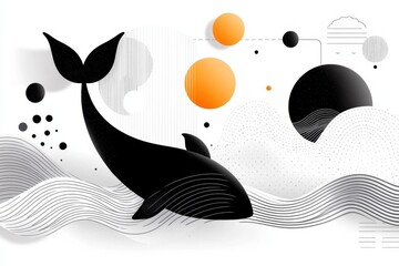 Leinwandbilder - A minimalist design of a whale tail emerging from stylized waves, drawn in clean black lines on a white background