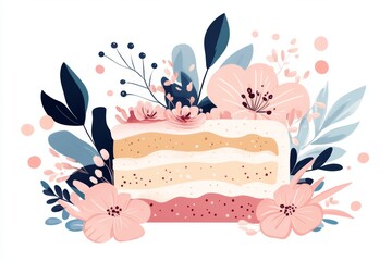 Poster - A minimalist drawing of a cake slice with soft pastel colors and delicate floral details, set against a white background
