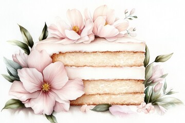 Poster - A minimalist drawing of a cake slice with soft pastel colors and delicate floral details, set against a white background