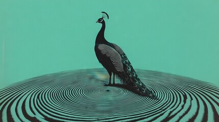 Wall Mural - a monochrome peacock perched atop a blue and green circular design, with a fowl atop its head