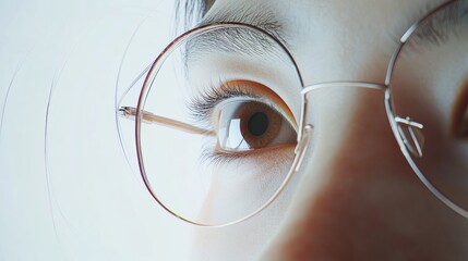 Poster - Close up view of a human eye with glasses, highlighting intricate details and natural beauty in soft lighting. Generative AI