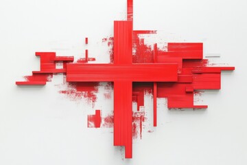 Fototapete - Prominent red cross abstraction showcasing modern design and vivid color contrast on a white canvas. Generative AI