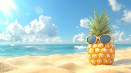 Poster - Cheerful pineapple wearing sunglasses enjoying a sunny day on a sandy beach by the ocean with blue sky and clouds. Generative AI