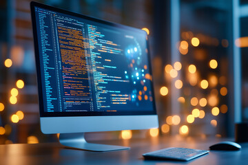 A computer monitor displays a complex code with a bright blue background