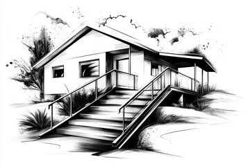 Poster - A simple illustration of a wheelchair ramp in a sleek, minimalist style, drawn with bold, clean lines