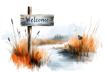 Poster - A simple illustration of a â€œWelcomeâ€ sign hanging from a wooden post, drawn with clean lines and soft neutral tones