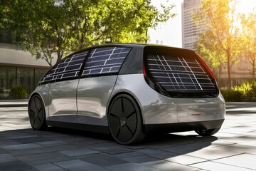 Wall Mural - Innovative solar-powered vehicle parked in a modern urban setting during daylight