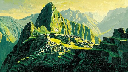 Wall Mural -   A mountainous landscape with a village perched atop the peaks in the foreground and a majestic mountain range stretching beyond the horizon