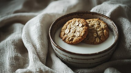 Wall Mural -   Two oatmeal cookies on a white plate on a white cloth