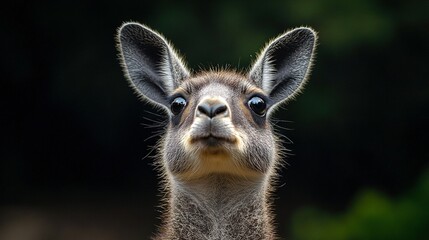 Poster -   Close-up of a kangaroo's face with a blurred background of trees and bushes